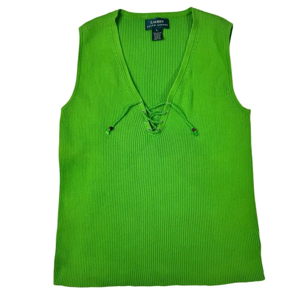 Lauren Ralph Lauren Sleeveless Top V-Neck Lime Green Women's Large Whimsy Y2K - Picture 1 of 16